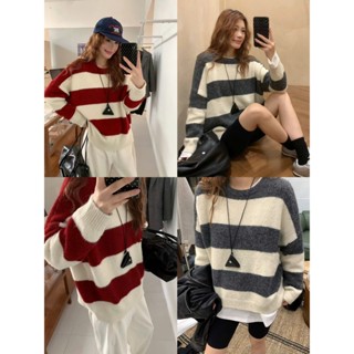  Áo len nữ dài tay cổ tròn kẻ ngang phối màu lông mịn form rộng unisex thời trang thu đông DELIZ 