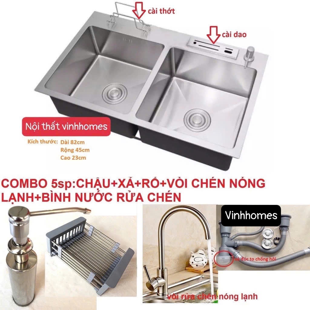 Chậu Rửa Chén Bát INOX N16 8245 và xả chậu và rổ rút và vòi chén nóng lạnh và bình nước rửa chén