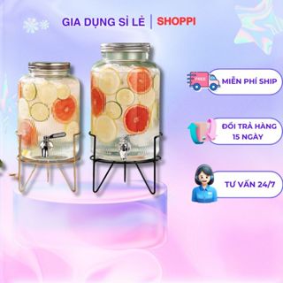  Bình đựng nước thủy tinh trong suốt 4L-6L có vòi tiện lợi kèm kệ sắt bình ngâm hoa quả 