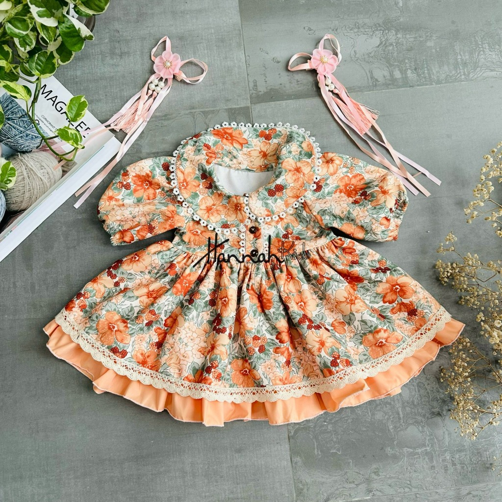 Váy Babydoll Hoa Cam Diện Tết Cho Bé Gái 6-35Kg, Đầm Lolita Cổ Sen Vintage Thu Đông Cho Bé Gái
