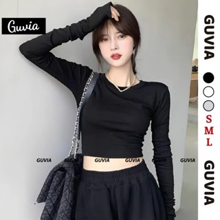 Áo Croptop Tay Dài GUVIA CỔ TRÒN Nữ Ôm Body Chất Tốt, Áo Thun gân kiểu nữ dài tay mặc đẹp CR21