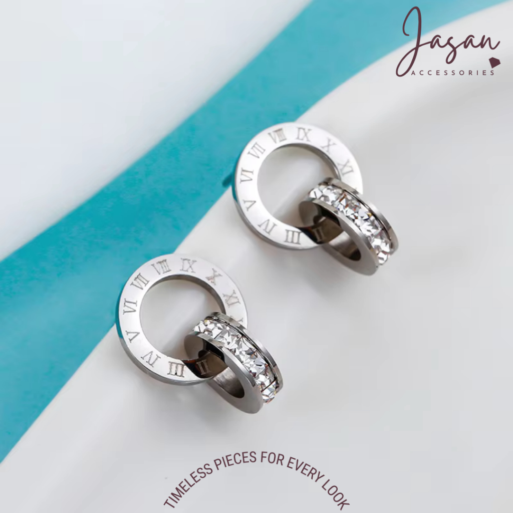 Bông tai nữ 2 nhẫn lồng khắc số La Mã - | JASAN ACCESSORIES