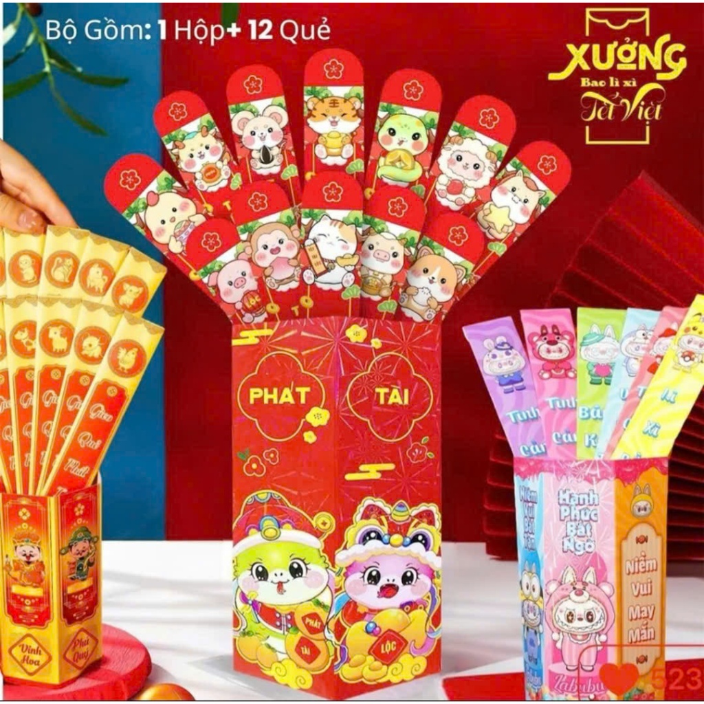 Lì Xì Gieo Quẻ Tết 2025 mẫu mới Hottrend Labubu, Thần Tài  Đầy Màu Sắc Tết Ất Tỵ