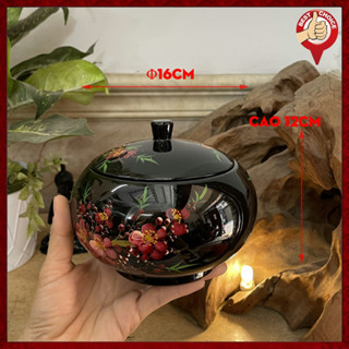 [Mỹ nghệ sơn mài] Hũ sơn mài đựng bánh kẹo mứt ngày Tết - hũ sơn mài trang trí hình tròn Φ16cm- Vẽ nền đen hoa đỏ