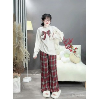 Set Áo Họa Tiết In Nơ Kèm Quần Dài Suông Chất Vải Dạ - Thời Trang Nữ