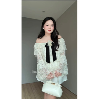 BIGSIZE - Áo ren thun nữ tay dài màu trắng kem tiểu thư phối nơ hoa cho chô nàng chubby 50-85kg- AR01