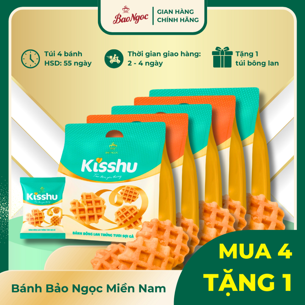 COMBO 5 Túi Bánh Bông Lan Kisshu Bảo Ngọc Vị Thịt Nướng BBQ, Vị Sợi Gà, Bánh Ăn Sáng Tiện Lợi |