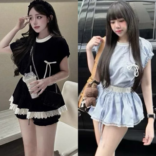 Set Bộ Đen Áo Thun Viền Cánh Dơi Đính Nơ Croptop + Chân Váy Xoè Viền Ren Có Lót Quần Bí Phồng