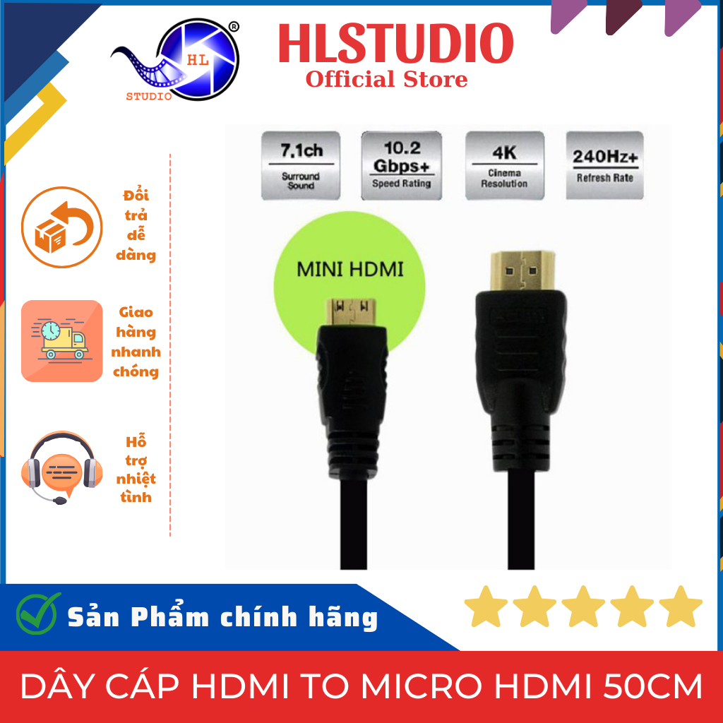 Dây Cáp HDMI To Micro HDMI 50cm HL Studio - Màu Đen, Giắc Mạ Đồng