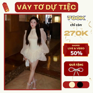 Váy nữ tay bồng cổ tròn đính nơ đi chơi đi tiệc đầm thiết kế xếp tầng sang chảnh HN Clothing V292