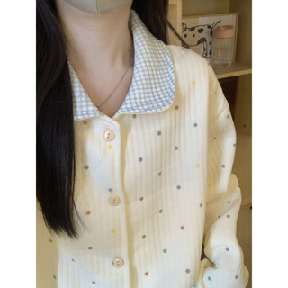  【Video ảnh shop-Sẵn  Set 2 món đồ bộ pyjama DÁNG HÀN màu xanh xinh siêu ấm bộ thu đông nữ chấm bi có cổ kiểu dáng Hàn 