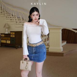 Áo kiểu KAYLIN trễ vai phối ren tay dài chất vải thun lụa co giản phong cách gợi cảm - N2364