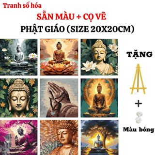 Tranh tô màu theo số PHẬT kích cỡ 20x20cm, Mua 1 tranh Tặng 1 kệ để tranh, 1 màu bóng, màu tô,cọ vẽ