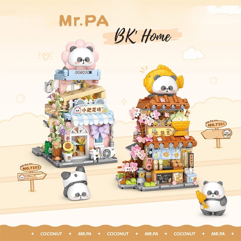 (Tặng đèn led vàng 1m) Đồ chơi lắp ráp khối xây dựng hãng LOZ gấu trúc Mr Pa tiệm bánh cá và tiệm hoa