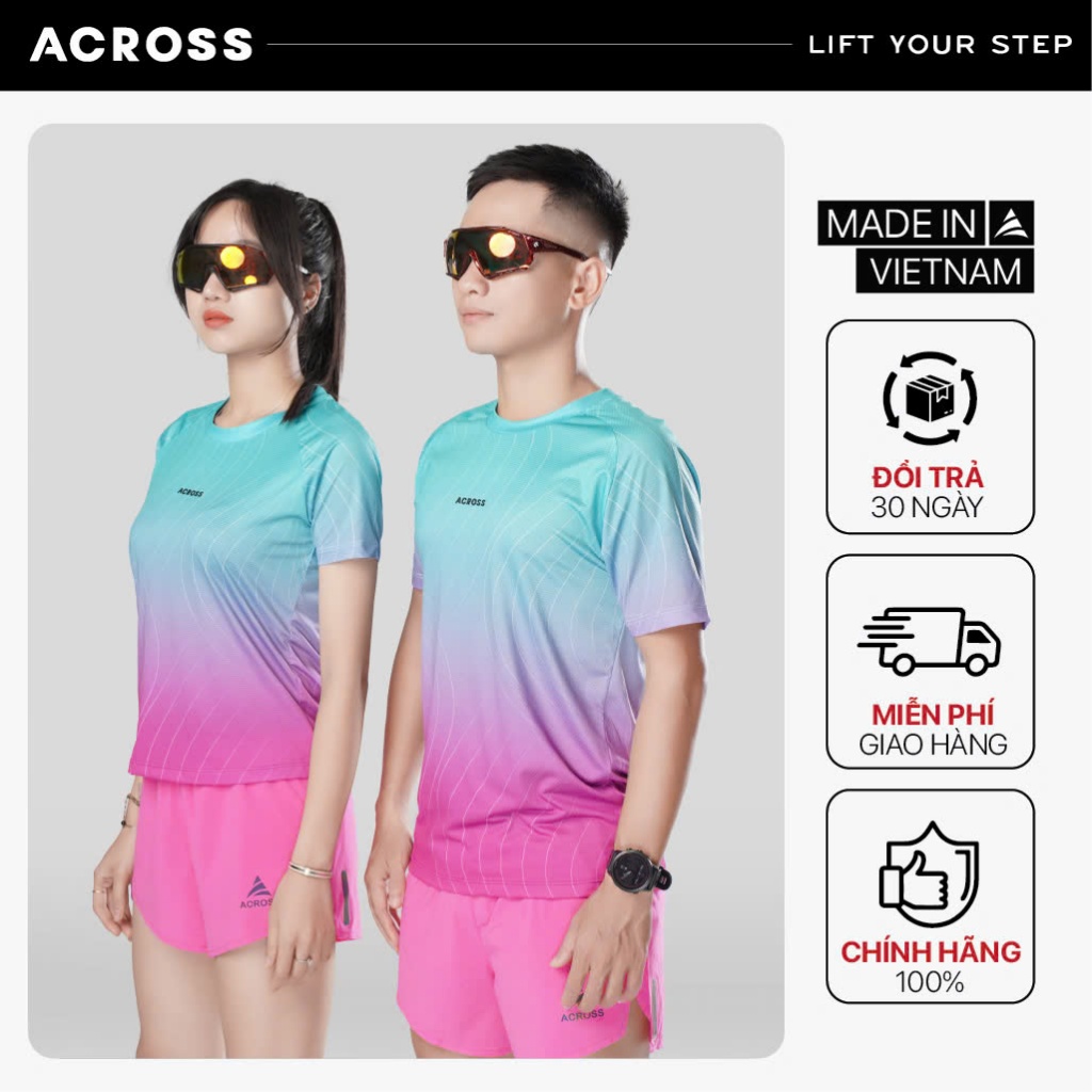 Áo thun chạy bộ thể thao cầu lông nam nữ ACROSS THE SÓNG thoáng khí siêu nhẹ thấm hút màu Xanh Tím Đ