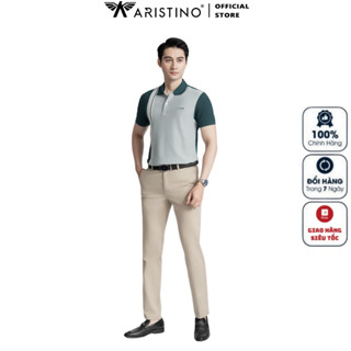 Áo thun polo ngắn tay cổ bẻ ARISTINO APS052AZ phông nam cao cấp vải poly phom dáng suông vừa vặn màu xanh cổ vịt kẻ