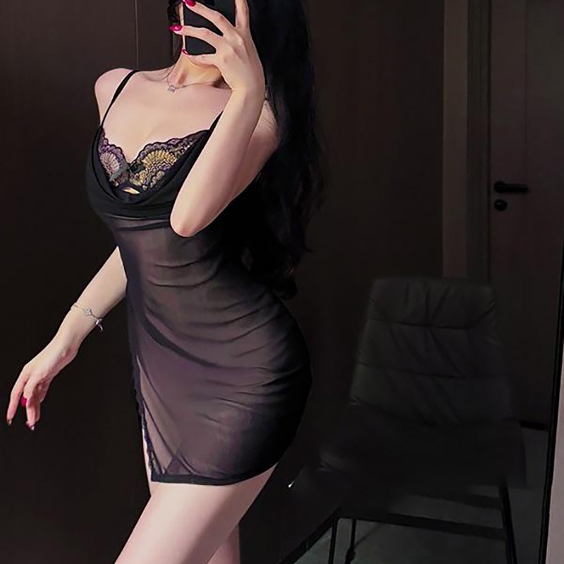 Váy ngủ xuyên thấu phối ren sexy DK310 kiểu đầm 2 dây ôm sát xẻ tà cao kèm quần lót gợi cảm | BigBuy360 - bigbuy360.vn