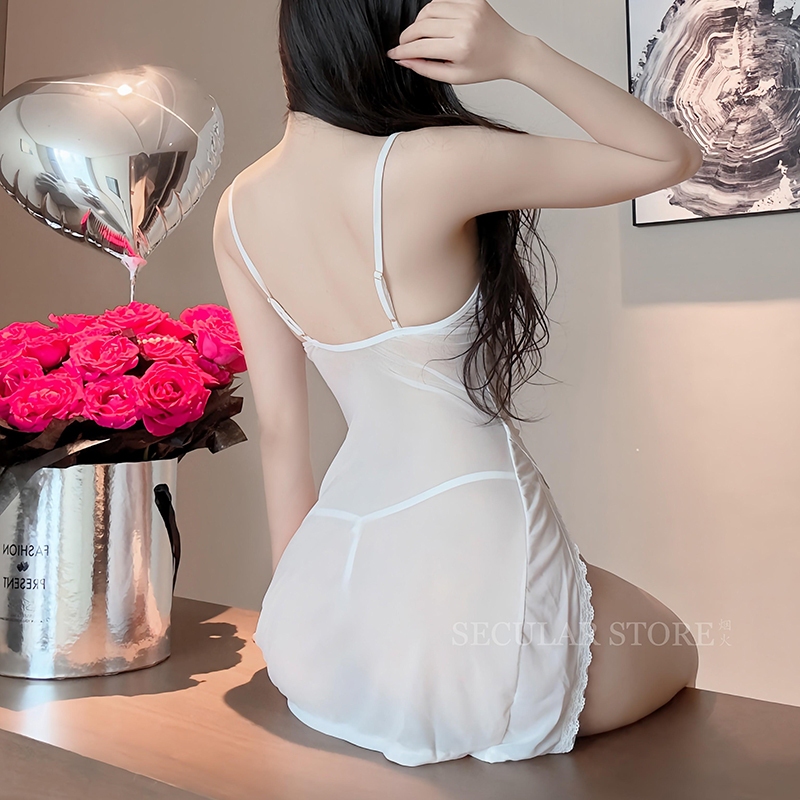 Váy ngủ xuyên thấu phối ren sexy DK310 kiểu đầm 2 dây ôm sát xẻ tà cao kèm quần lót gợi cảm | BigBuy360 - bigbuy360.vn