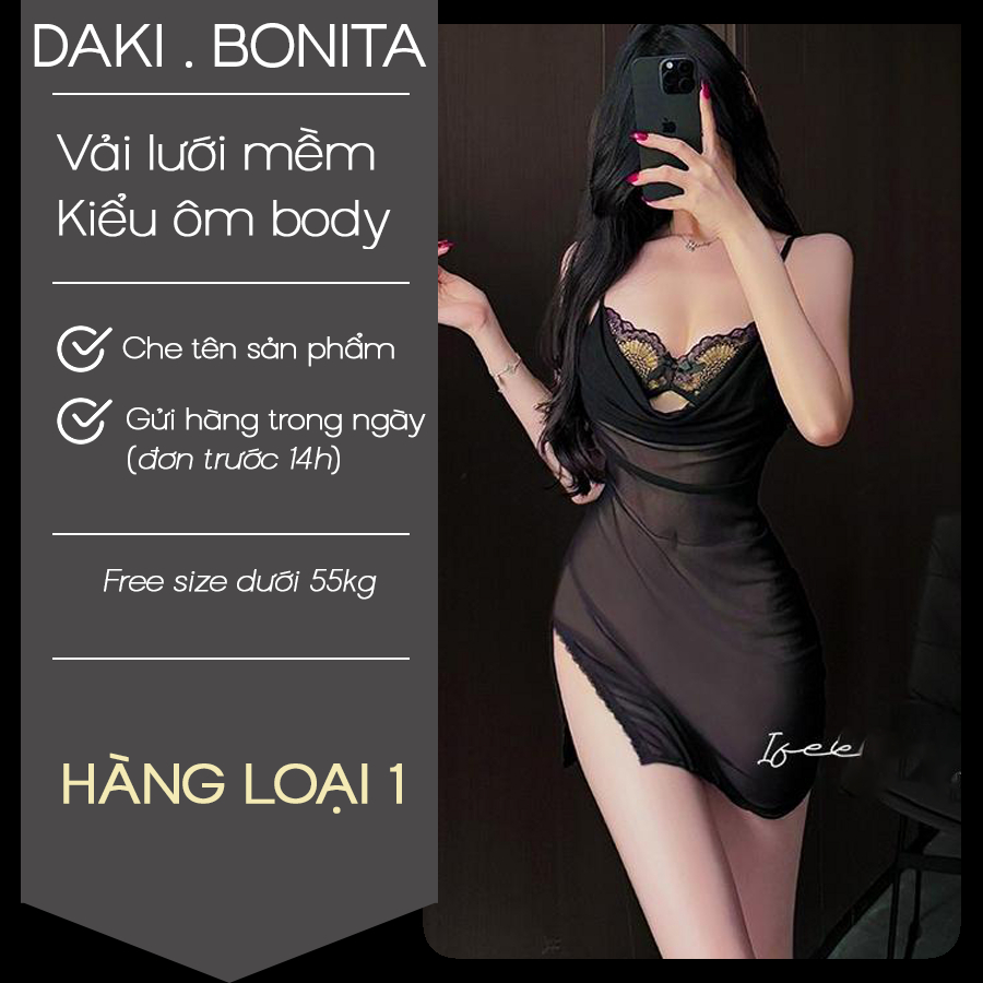 Váy ngủ xuyên thấu phối ren sexy DK310 kiểu đầm 2 dây ôm sát xẻ tà cao kèm quần lót gợi cảm | BigBuy360 - bigbuy360.vn