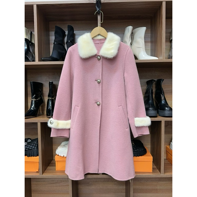 Áo dạ ép lông cừu 2 mặt phối cổ lông cúc đồng dáng dài hàng qc cao cấp