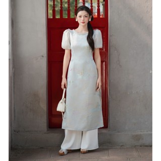  Áo dài tết gấm xanh tay bồng phối cổ ngọc Nhã An - SWEETEA 