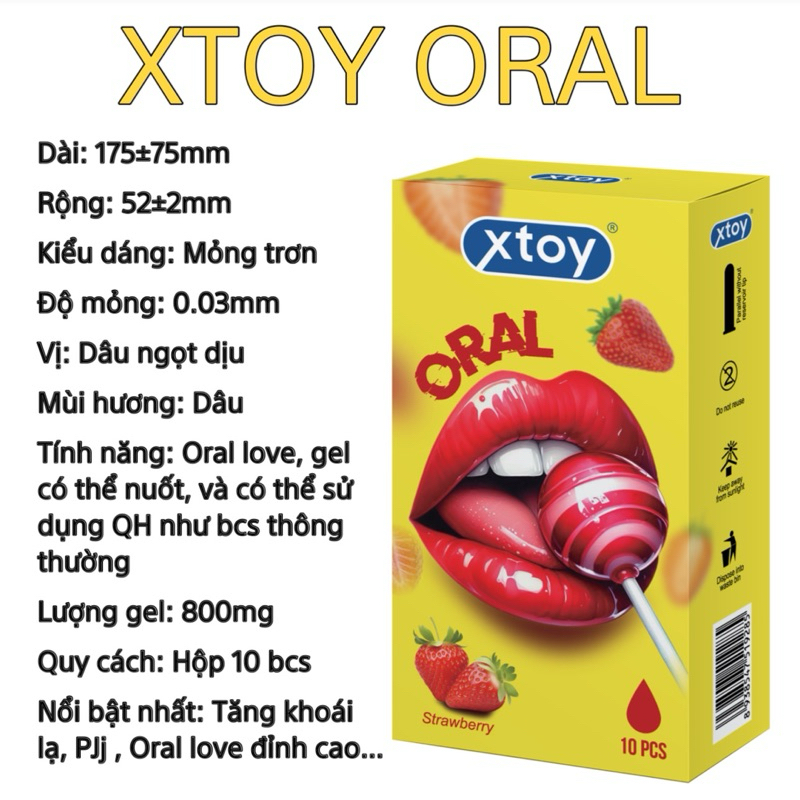 Bao cao su xtoy oral quan hệ miệng, ngọt ngào, hương dâu, gel gốc nước có thể nhuốt, hộp 10 bcs