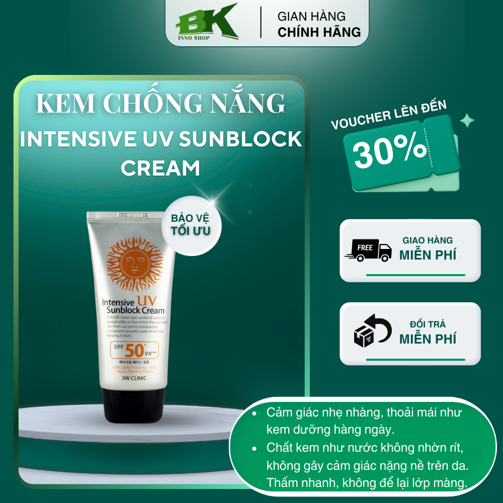 Kem Chống Nắng Intensive UV Sunblock Cream SPF50+ PA+++ Bảo Vệ Da Tối Ưu, Ngăn Tia UV, Dưỡng Ẩm, Giữ Da Rạng Rỡ | BKINNO