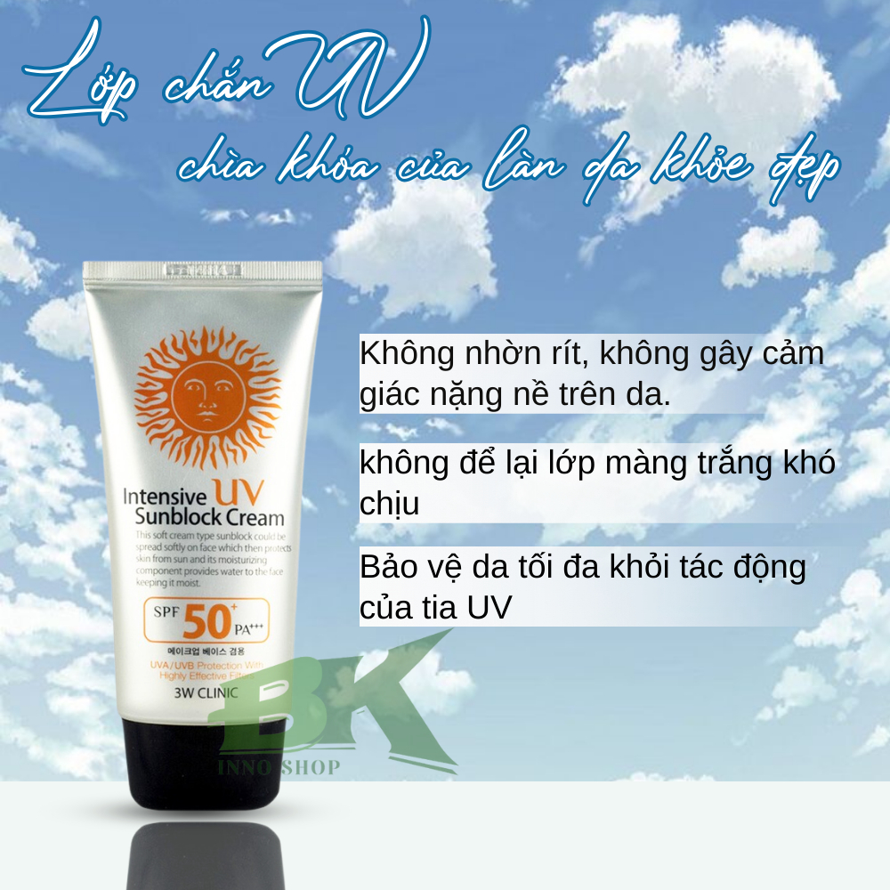 Kem Chống Nắng Intensive UV Sunblock Cream SPF50+ PA+++ Bảo Vệ Da Tối Ưu, Ngăn Tia UV, Dưỡng Ẩm, Giữ Da Rạng Rỡ | BKINNO