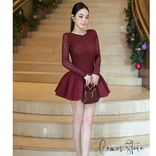 Váy nữ ren dài tay cổ tròn chân váy xoè bồng dáng ngắn, Váy nữ dài tay bồng lưới thiết kế cao cấp hàng Loại 1-Cemos