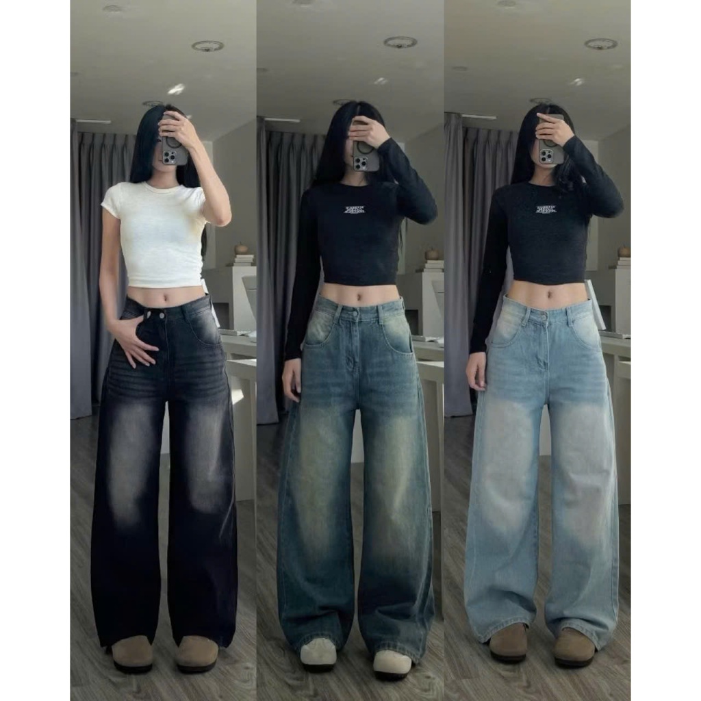 Quần jean bò ống rộng suông xuông nữ jeans cạp cao phong cách style ms13