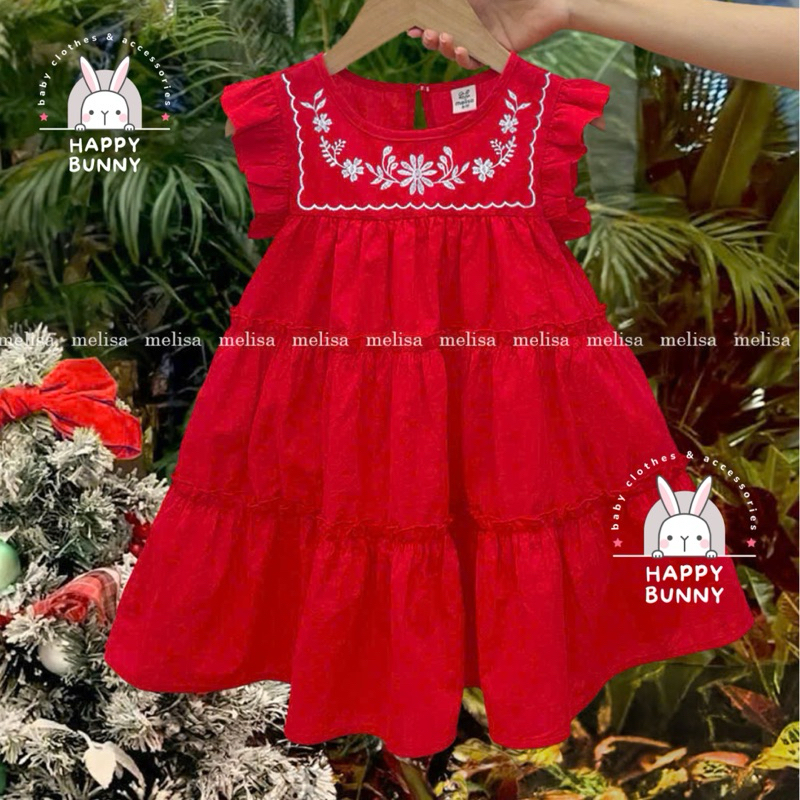 Đầm Tết Melisa thêu xoè 3 tầng (12-40kg) cho bé gái chất cotton không nhăn