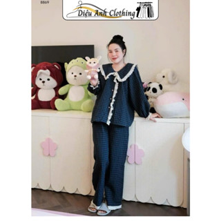  Set Đồ Ngủ Kẻ Caro Xanh Than Phối Bèo Tay Dài Kèm Quần Suông Ống Rộng 