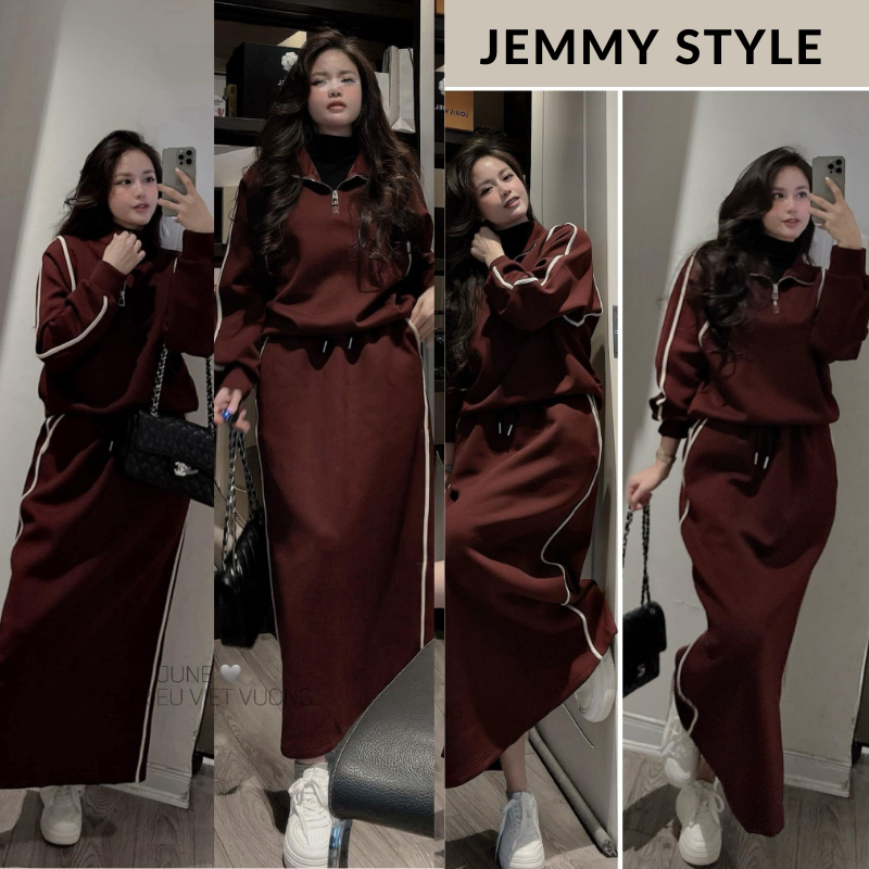 Bộ nỉ nữ thu đông, set bộ nữ áo sweater cổ polo phối khóa mix chân váy suông dáng dài màu đỏ đô HCOM