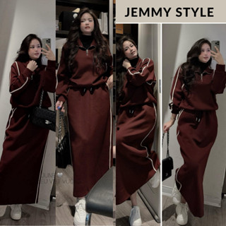 Bộ nỉ nữ thu đông, set bộ nữ áo sweater cổ polo phối khóa mix chân váy suông dáng dài màu đỏ đô HCOM3640