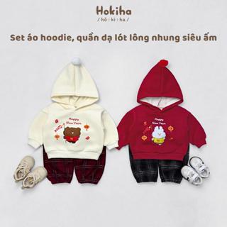 Bộ áo hoodie, quần bom dạ lót lông Hokiha cho bé trai bé gái in hình gấu đáng yêu mềm mại, ấm áp size 8-17kg TE757