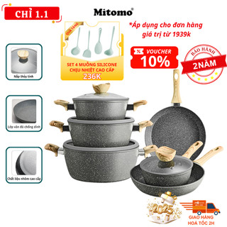 Bộ nồi chảo vân đá 6 món chống dính cao cấp Mitomo Queen Time, dùng cho bếp từ, bếp ga - Hàng chính hãng