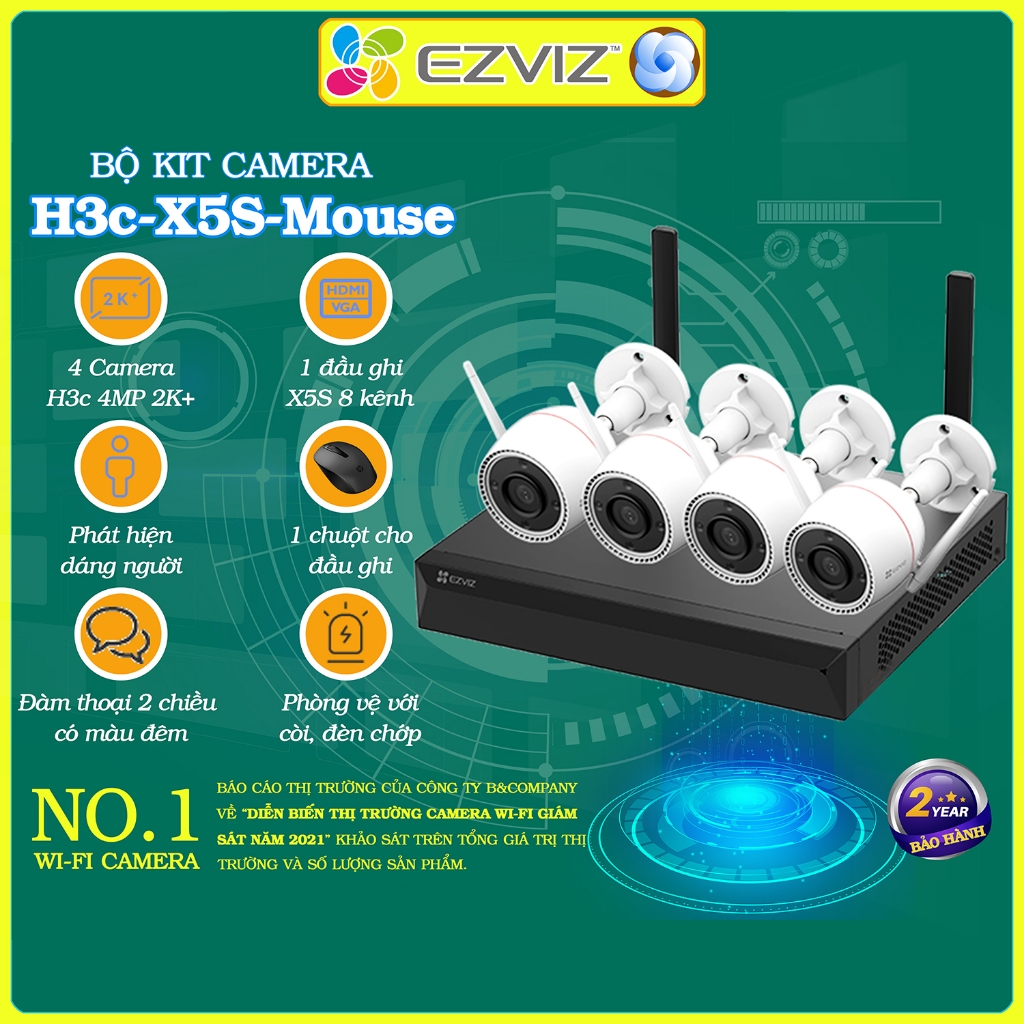 Bộ kit 4 camera ngoài trời H3C 4MP 2K+ Ezviz BW3844, chính hãng, màu đêm, báo động, đàm thoại