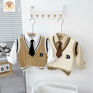 Áo gile cho bé, GILE len cho bé trai bé gái THÊU CHỮ  B chất LEN MỀM DÀY phối đồ cực chất - HADU KIDS 10-27kg