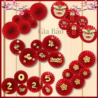 COMBO Set 6 quạt giấy đỏ, trang trí đám cưới, lễ hội, tiệc sinh nhật, Tết, khánh liễng treo tường năm mới 2025 Ất Tỵ
