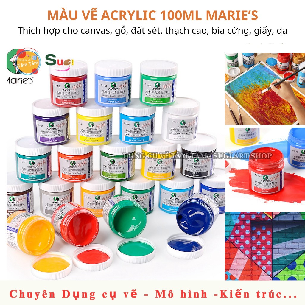 [ Tâm Tâm ] Màu Acrylic Maries, MARIE'S hủ 100ml , màu vẽ lên câvas , gỗ, Vải , mô hình ...