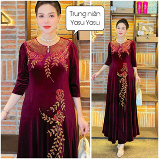  Váy Nhung Trung Niên Yasu,Váy Nhung Phối Sang Trọng Cho Mẹ Cao Cấp Đính Đá Sang Trọng Váy Trung Niên Dự Tiệc Đầm U40 U50 