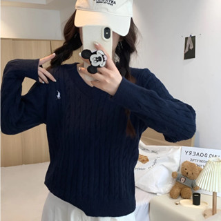 Áo sweater cổ tim nữ thêu logo ngựa , sweater nữ chất liệu len thừng