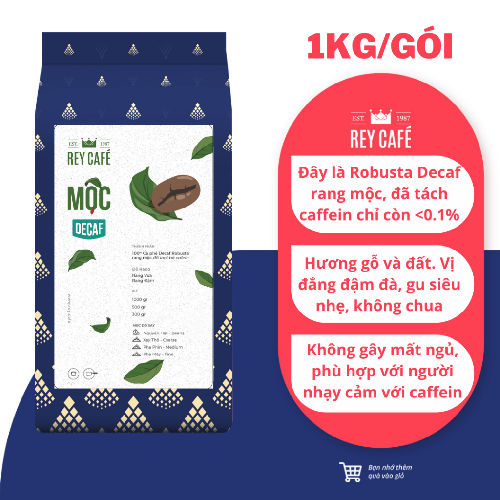 1kg Cà phê Mộc Decaf -Tách Cafein - Decaffeinated Coffee -Rey Cafe - Phù hợp KH nhạy cảm với caffein