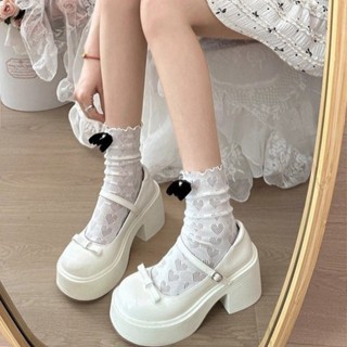 Giày Lolita nữ hoạ tiết Nơ xinh đế cao 7cm khoá cài phong cách tiểu thư sang chảnh