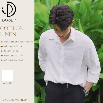 DODEP Áo sơmi nam viscose linen tay dài Trắng kem