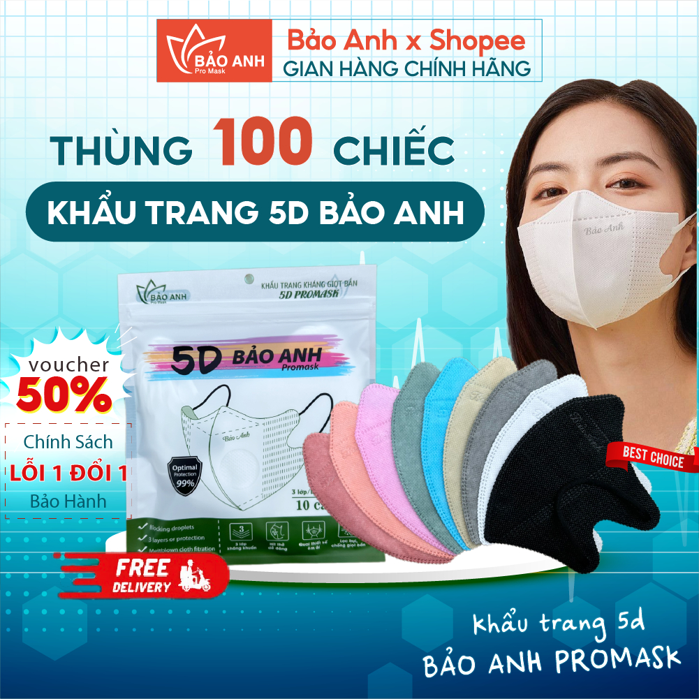 [Thùng 100 Cái] Khẩu Trang 5D Y Tế Bảo Anh Promask 3 Lớp Kháng Khuẩn, Khẩu Trang Chống Tia UV Đủ Màu