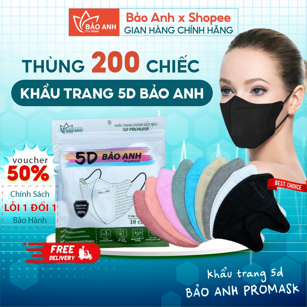 [Thùng 200 Cái] Khẩu Trang Y Tế 5D Bảo Anh Promask 3 Lớp Kháng Khuẩn, Khẩu Trang Chống Tia UV Cao Cấ