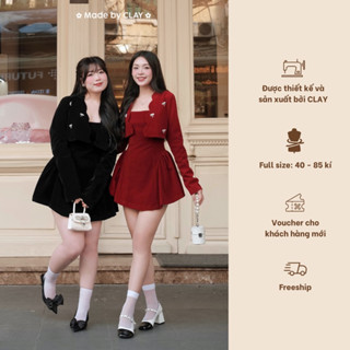 Jane Set Bộ Váy Đầm nhung hai dây kèm áo khoác croptop và quần thiết kế có bigsize Clay Clothing