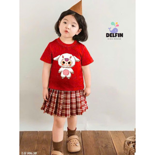  Sét váy bé gái kẻ caro mix áo thun ngắn tay in hình Baby three siêu xinh Delfinkids sét bé gái mặc tết từ 10-30kg 