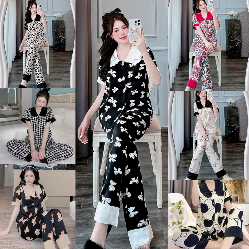 Bộ Lụa Cổ Sen Ngắn Tay Chất Liệu Lụa Mango